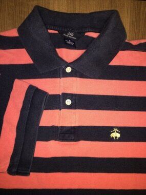 Brooks Brothers 346 Polo Shirt Striped Navy Orange Logo Short Sleeve Mens Medium